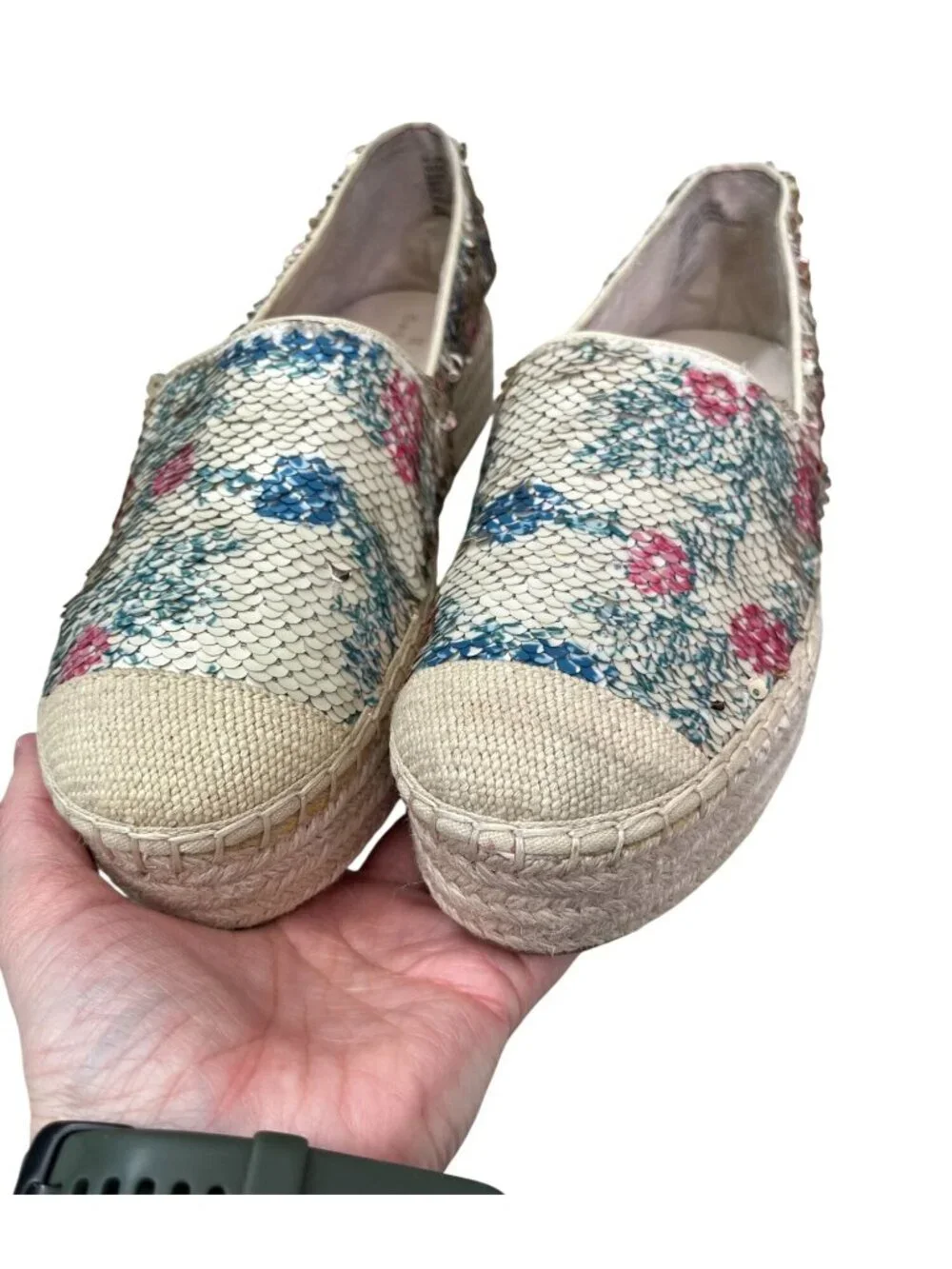 Caslon Collins Floral Gold Reversible Sequin Espadrille Platform Shoes SZ 9 NWOB